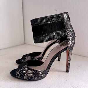 Vince Camuto Lissa Black Lace Heels with Beaded Strap size 9